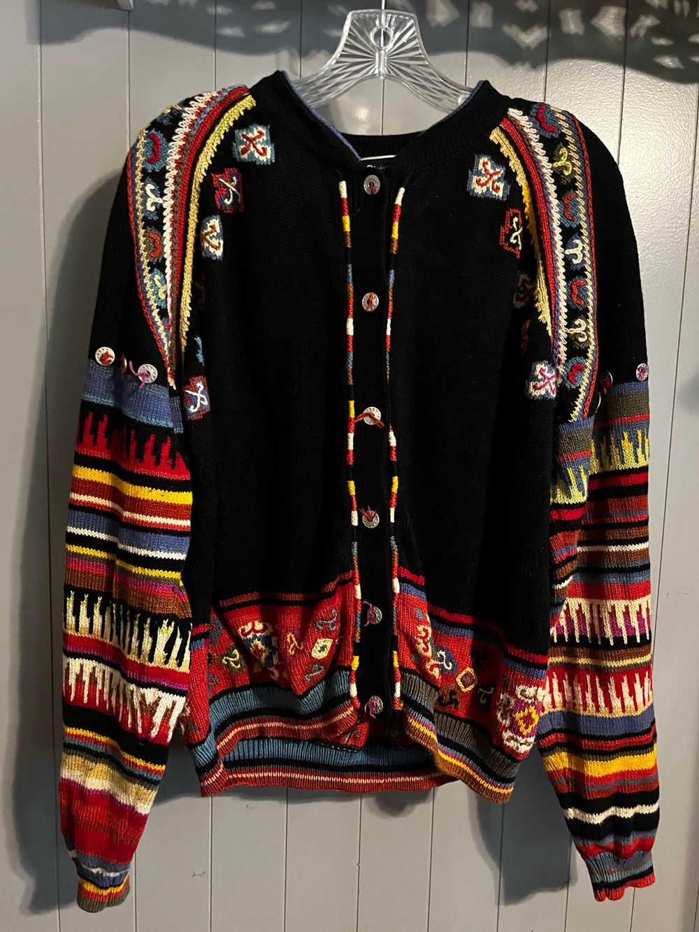 vintage 1980s/1990s Christine Foley abstract motif heavy-knit cardigan sweater